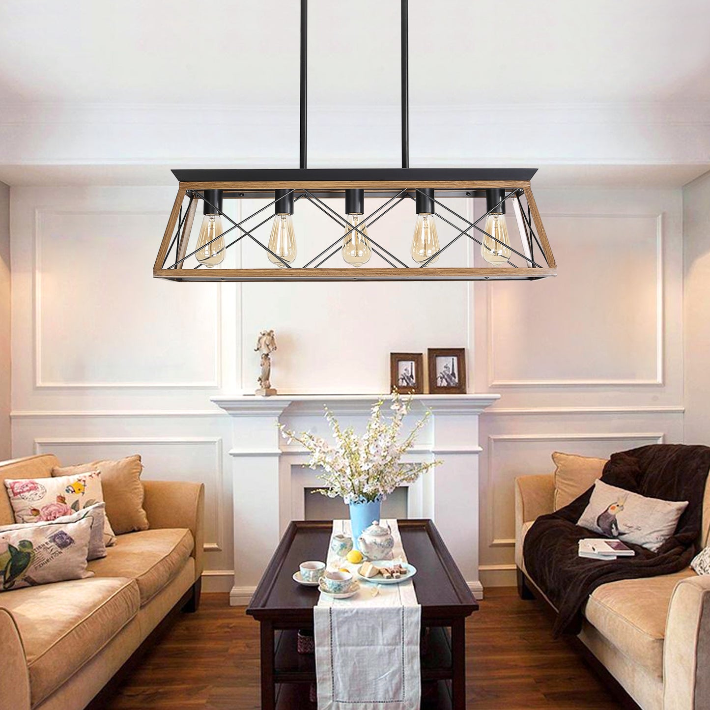 Farmhouse Walnut Chandelier with 5 Bulbs