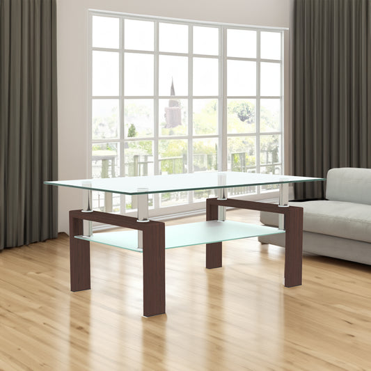 Modern Walnut & Glass Rectangle Coffee Table