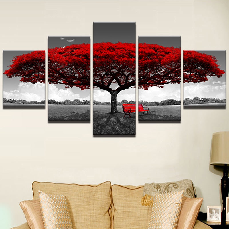 5-Piece Red Tree Modular Canvas Art